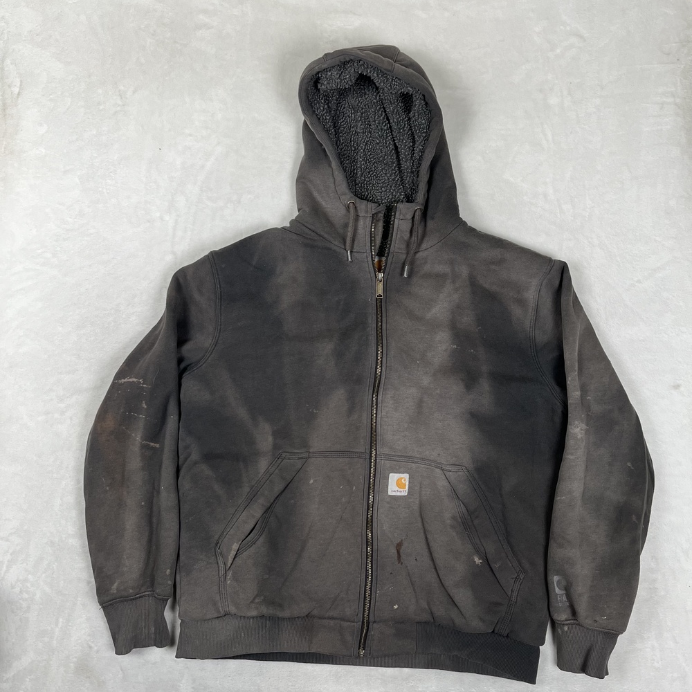 Carhartt Rain Defender Hoodie Mens L Gray Sherpa Lined Fleece Full Zip Sun Faded
